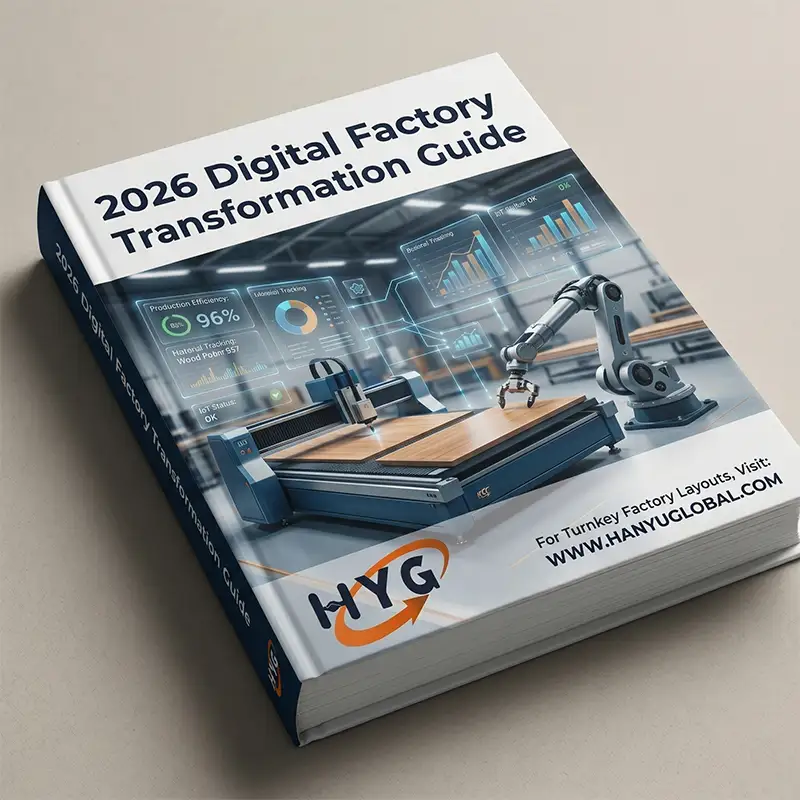 Cover of the 2026 Digital Factory Transformation Guide, illustrating a 3D layout of a fully automated smart manufacturing facility with seamless equipment integration.