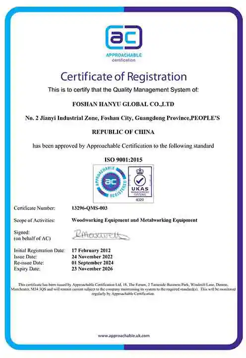 HANYU GLOBAL ISO 9001:2015 Quality Management System Accredited Certificate
