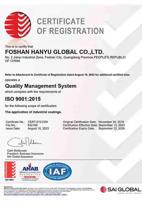 HANYU GLOBAL ISO 9001:2015 Quality Management System Certificate
