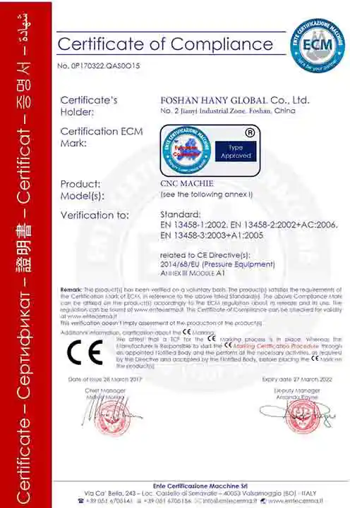 HANYU GLOBAL CNC Machine CE Certificate for EMC Directive 2014/30/EU compliance
