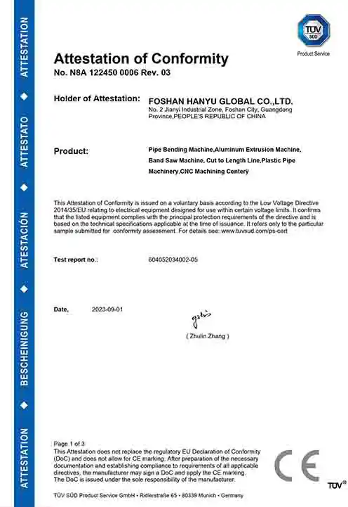 HANYU GLOBAL CE Certificate by TÜV SÜD for Pipe Bending Machine, Aluminum Extrusion, Band Saw, and CNC Machining Center
