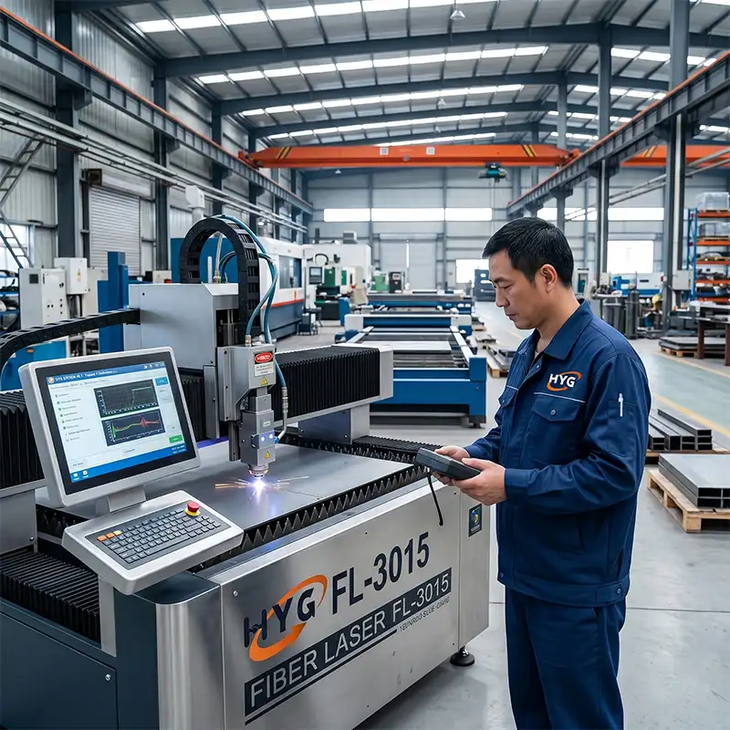 Close-up of a skilled HYG TECH engineer carefully calibrating a high-precision laser cutting machine on the factory floor, ensuring strict quality control and optimal cutting performance.