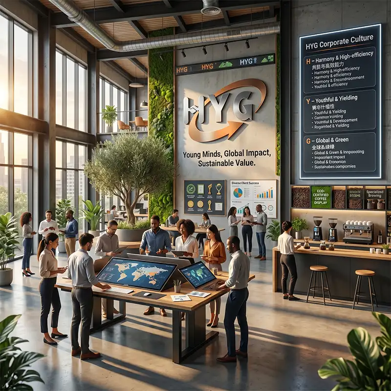 Panoramic view of the HYG TECH modern office space, featuring our dedicated international sales and technical support teams collaborating on global B2B machinery solutions.