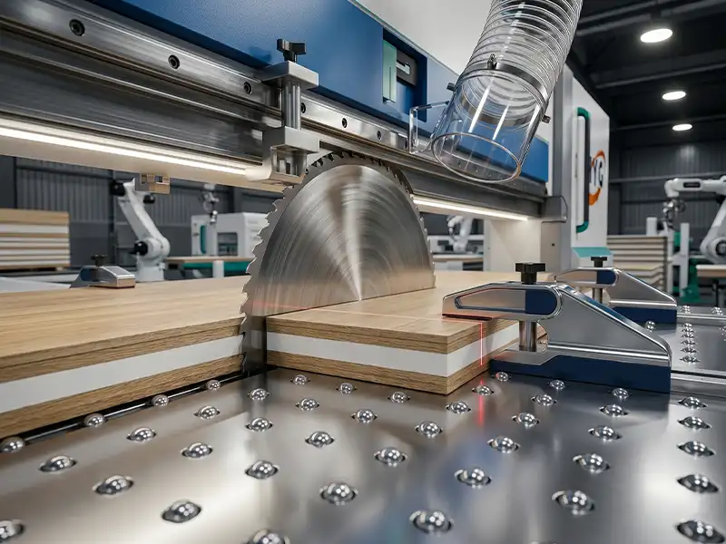 Heavy-duty computer panel saw executing a book-cut on stacked particle board panels using a main saw blade and a synchronized scoring blade.