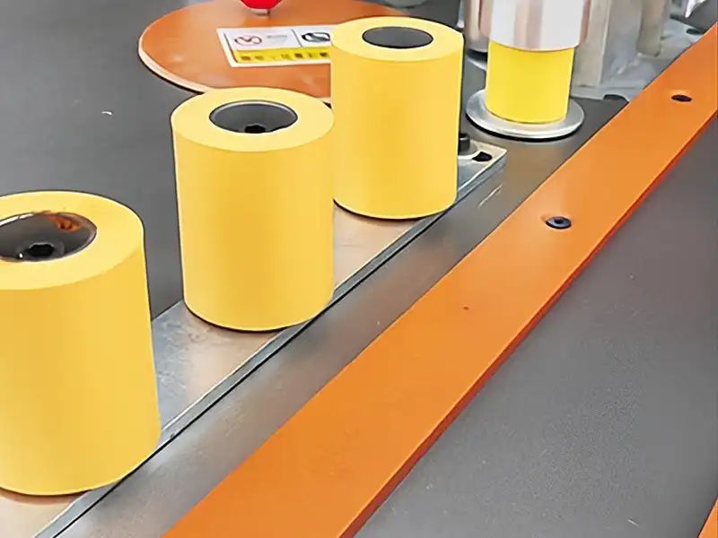 HE-305U heavy duty manual edge bander showing the high-density yellow polyurethane multi-stage auxiliary pressure roller array clamping a thick panel.