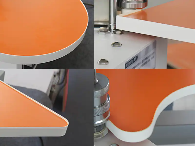 Flawless contour edge banding finish on an irregular-shaped panel processed by the HE-370 edge bander, showing zero visible glue lines.