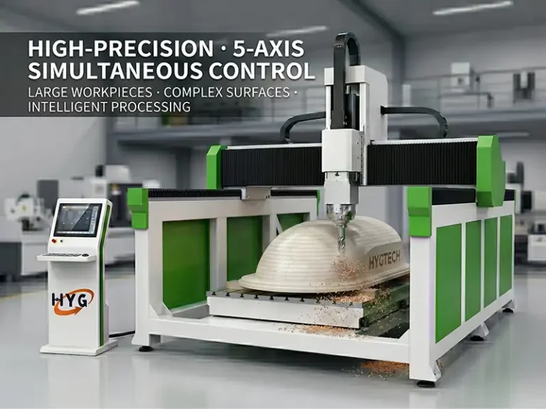 Heavy-duty HYG 5-axis CNC machining center executing simultaneous multi-axis heavy shaping on a complex architectural timber component.