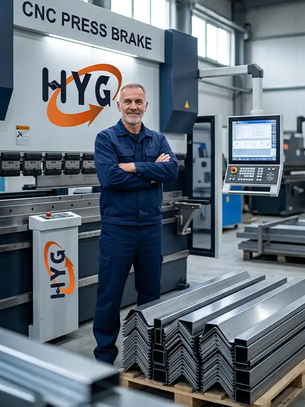 A newly installed and fully commissioned HYG TECH CNC press brake standing ready for heavy-duty metal fabrication at a manufacturing plant in Wielkopolskie, Poland.