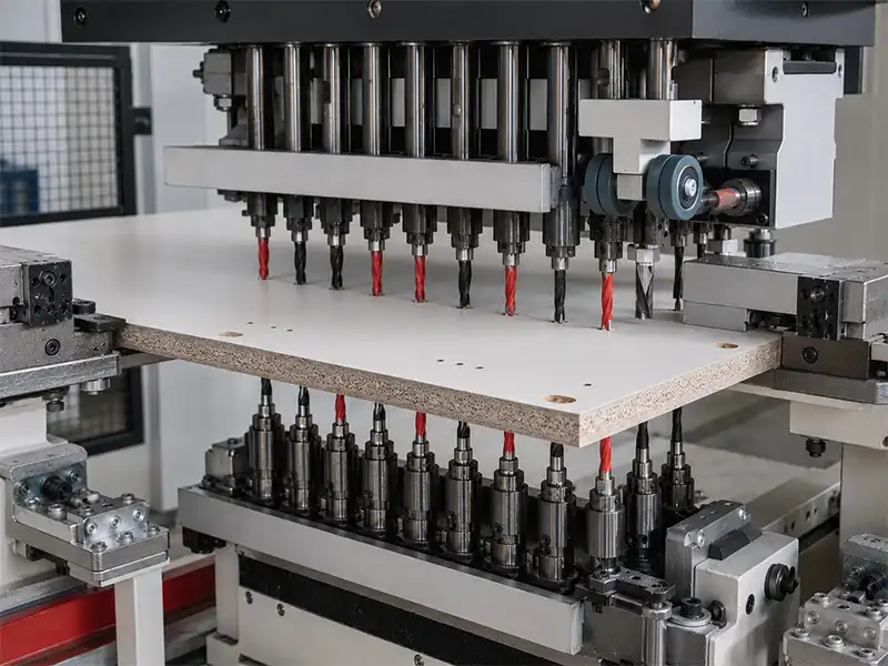 HYG CNC six-sided drilling machine boring block executing simultaneous multi-angle perforation on a customized cabinet panel.