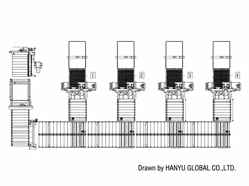 Technical schematic diagram showcasing a synchronized Industry 4.0 wood processing factory layout. The blueprint designs a multi-station CNC panel furniture boring workcell, systematically interconnecting parallel high-speed computer-numeric-controlled six-sided drilling centers with automated heavy-duty powered roller conveyor logistics. Vector arrows and architectural positioning blocks illustrate the fluid linear routing and cross-transfer sorting mechanics of customized cabinet panel substrate materials. Engineered for large-scale corporate manufacturing environments, the technical drawing emphasizes structural workflow optimization, non-contact single-pass multi-surface perforation kinematics, and precision material return logistics, establishing a robust operational template for digitized high-volume flat-pack furniture batch processing.