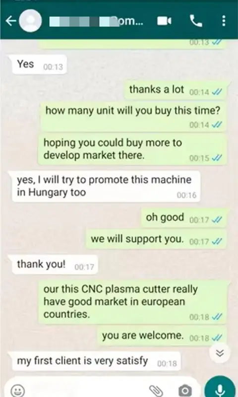 Positive customer feedback screenshot from a European furniture manufacturer highlighting the seamless operation of the HYG TECH HC-R9 woodworking machinery.