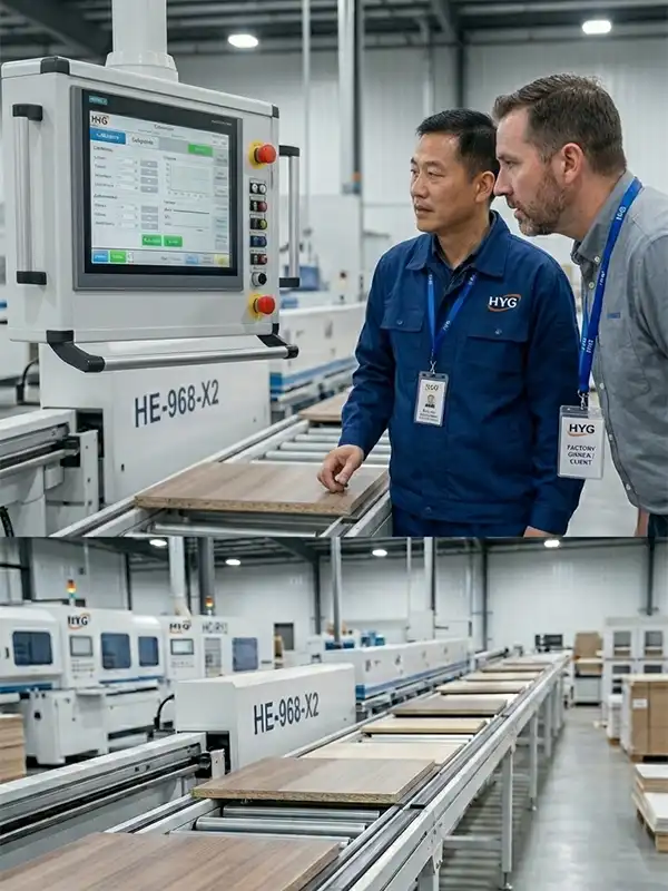 Precision setup and mechanical calibration of an HYG TECH industrial edge-banding machine at a high-end custom woodworking factory in California, USA.
