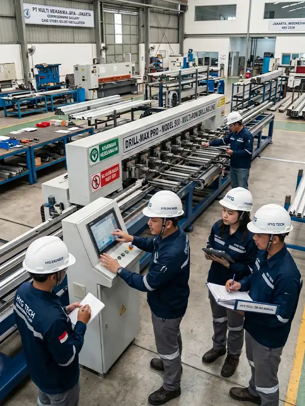HYG TECH engineers conducting on-site operator training for a high-speed multi-row drilling line at a furniture manufacturing facility in Jakarta, Indonesia.