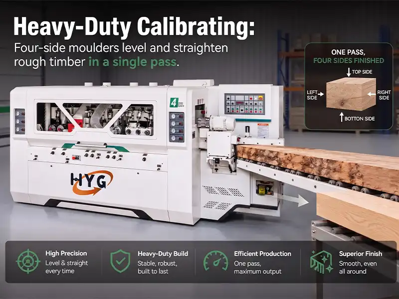Heavy-duty HYG four-side moulder executing high-speed multi-surface planing to level and straighten rough timber in a single pass.