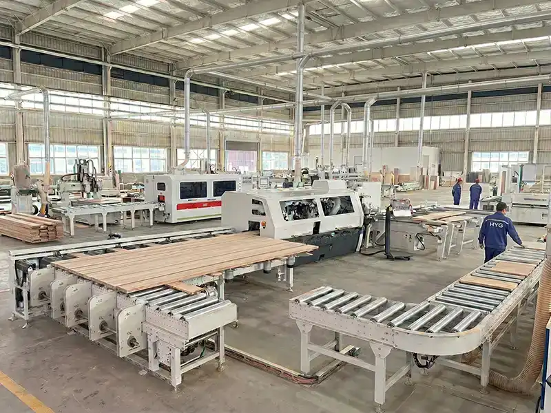 HYG TECH high-yield solid wood door production line executing automated rough mill processing with optical accuracy laser scanners and heavy-duty conveyor systems.
