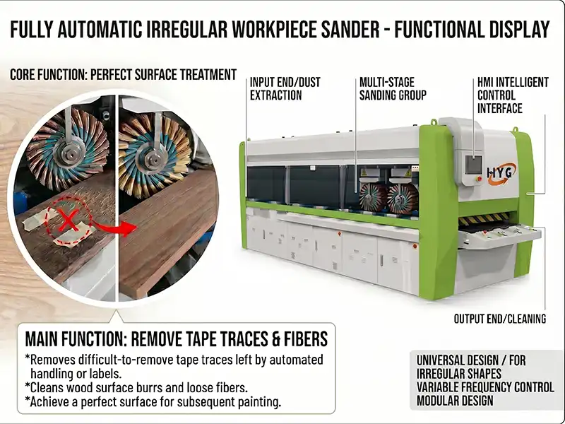 HYG precision wide-belt sanding machine executing fine surface calibration to remove fibers and tape lines for flawless lacquer preparation.