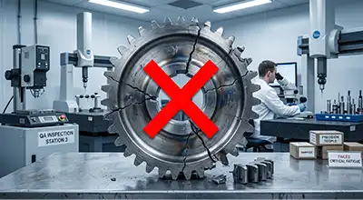 HYG machinery maintenance guide illustrating a fractured spur gear caused by operational overload beyond the machine's rated capacity, an improper usage scenario excluded from warranty coverage.