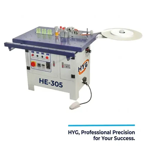 HE-305 standard manual edge banding machine for flexible straight edge application in compact woodworking shops.