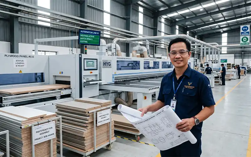 HYG Machinery high-output panel furniture deployment in Binh Duong, Vietnam, showcasing fully synchronized CNC nesting and automatic edgebanding fleet operations.