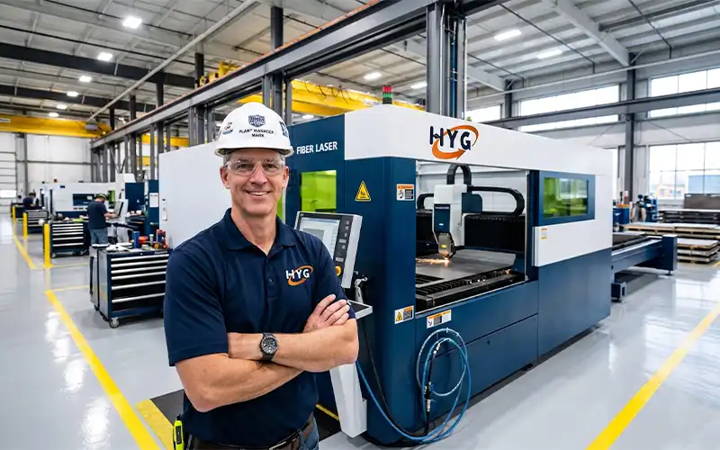 HYG Machinery heavy-duty fiber laser cutting system operating continuously in an Ohio sheet metal plant, delivering micron-level repeatable precision.