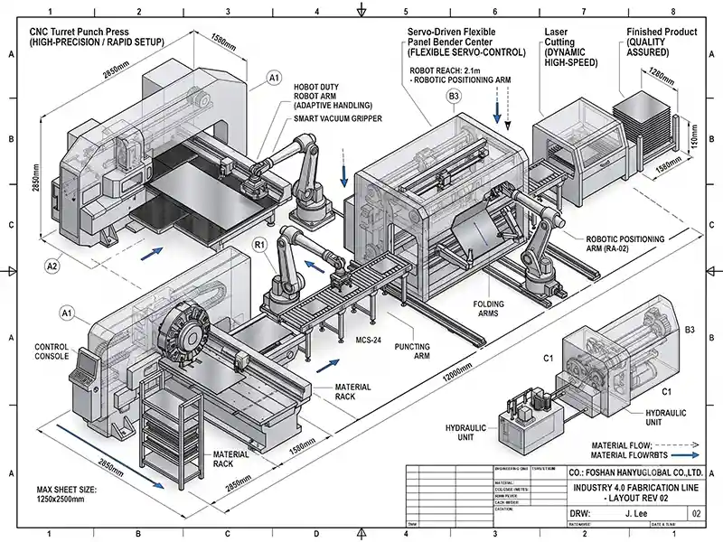 Technical layout blueprint of the HYG TECH automated bending production line, displaying multi-station robotic bending cells, automatic tool changers, and synchronized AGV logistics routing.