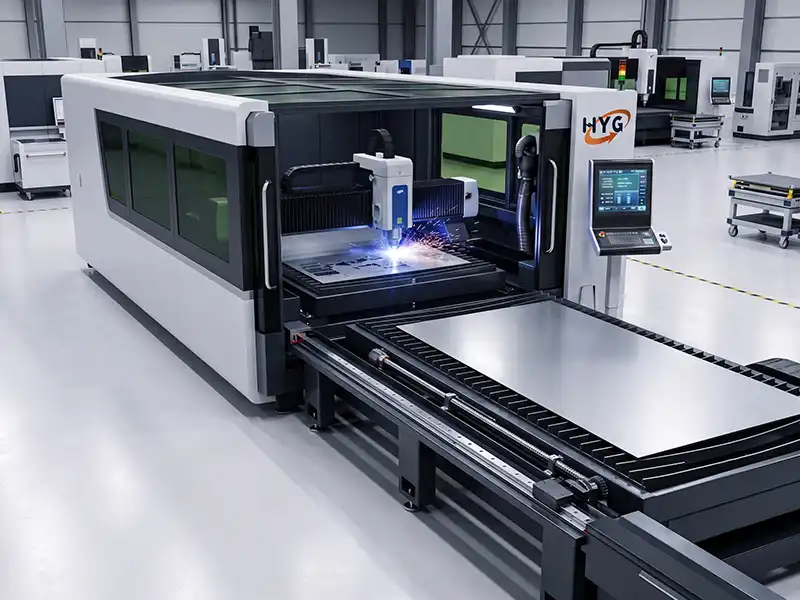 Heavy-duty parallel dual-platform shuttle exchange table system operating on an industrial HYG TECH fiber laser cutting machine.