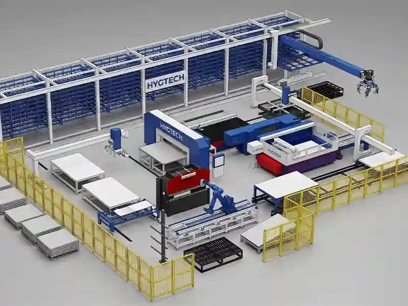 Technical engineering blueprint of the HYG TECH fully automated sheet metal production line layout featuring an integrated intelligent material storage tower.