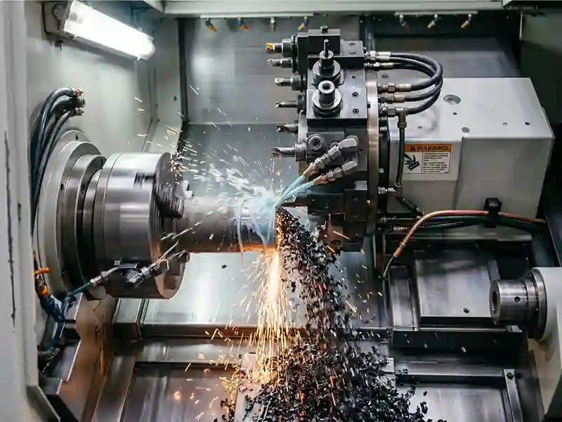 HYG TECH high-precision CNC slant-bed lathe executing high-speed live tooling turning and mill-turn profiling on an industrial alloy shaft.