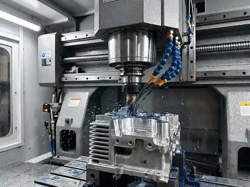 HYG TECH high-rigidity vertical and horizontal CNC milling machine executing synchronized dual-axis cutting and heavy-duty face milling on an industrial gear box casting