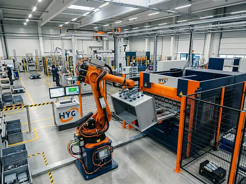 HYG TECH intelligent robotic flexible bending cell integrating a multi-axis heavy-payload industrial arm with a CNC synchro press brake.