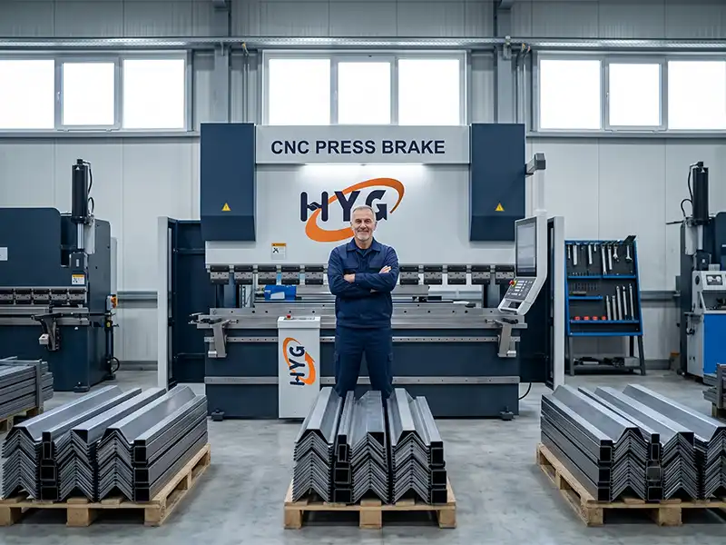 High-performance HYG TECH metal processing equipment fleet showcasing synchronized fiber laser cutting systems, CNC press brakes, and automatic tube bending machines.