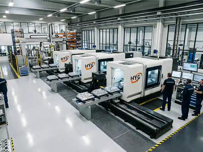 Multiple HYG TECH horizontal machining centers neatly interlocked for high-repeatability spatial profiling and continuous multi-shift production for maximum factory ROI.