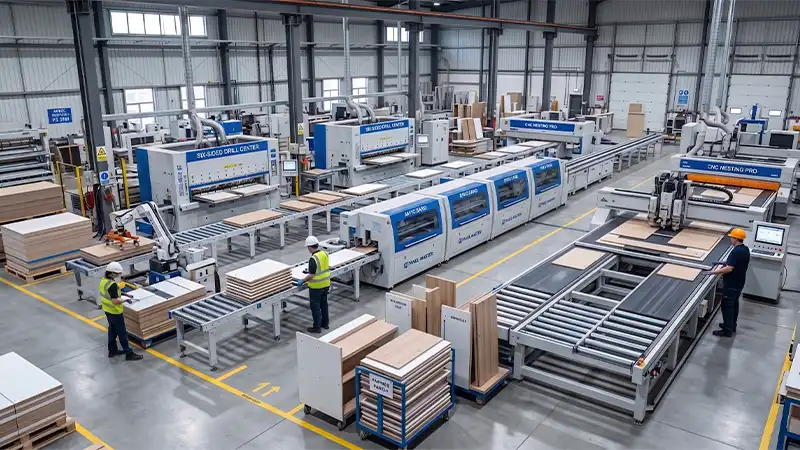 Integrated HYG TECH panel furniture production line combining high-speed CNC nesting centers, heavy-duty automatic edge banders, and precision CNC six-sided drilling machines.