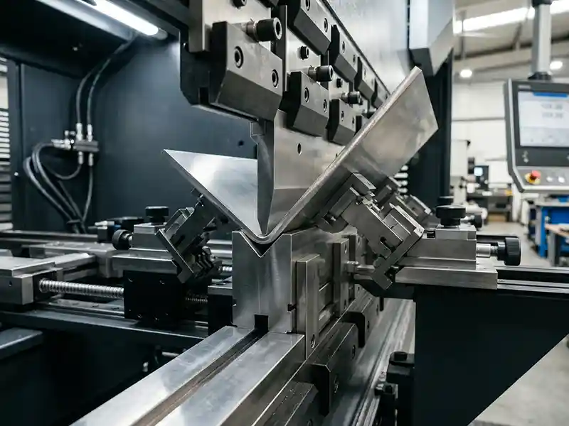 HYG TECH precision CNC synchro press brake executing uniform sheet metal bending with dual electro-hydraulic servo systems and automatic backgauge positioning.