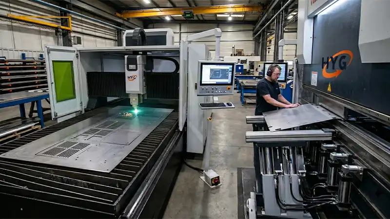 Precision HYG TECH sheet metal fabrication production line featuring high-kilowatt fiber laser cutting systems and CNC press brakes with automated crowning.