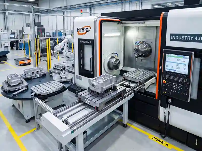 HYG TECH simultaneous multi-axis automated machining cell integrating a high-speed 5-axis CNC machining center with a heavy-payload robotic material handling pallet changer.