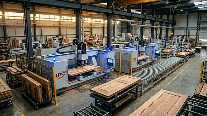 Heavy-duty HYG TECH solid wood and door processing line featuring synchronized high-speed four-side molders and a multi-axis CNC router cell.