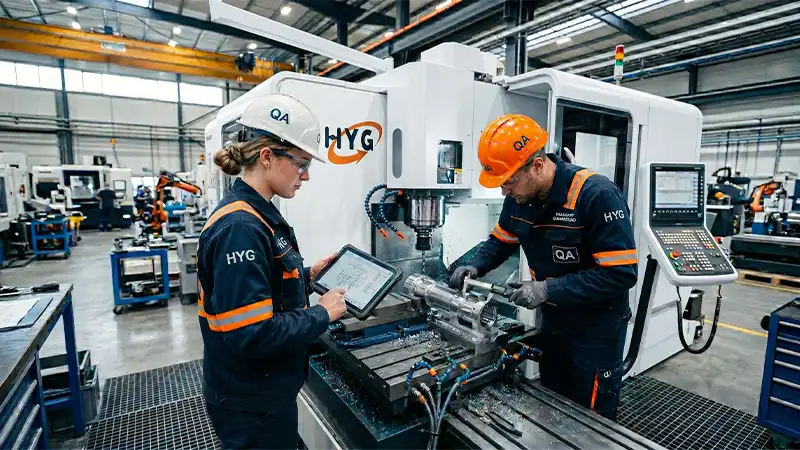 HYG TECH supply chain specialists performing a stringent technical audit and multi-point quality check inside an advanced industrial machinery manufacturing workshop.