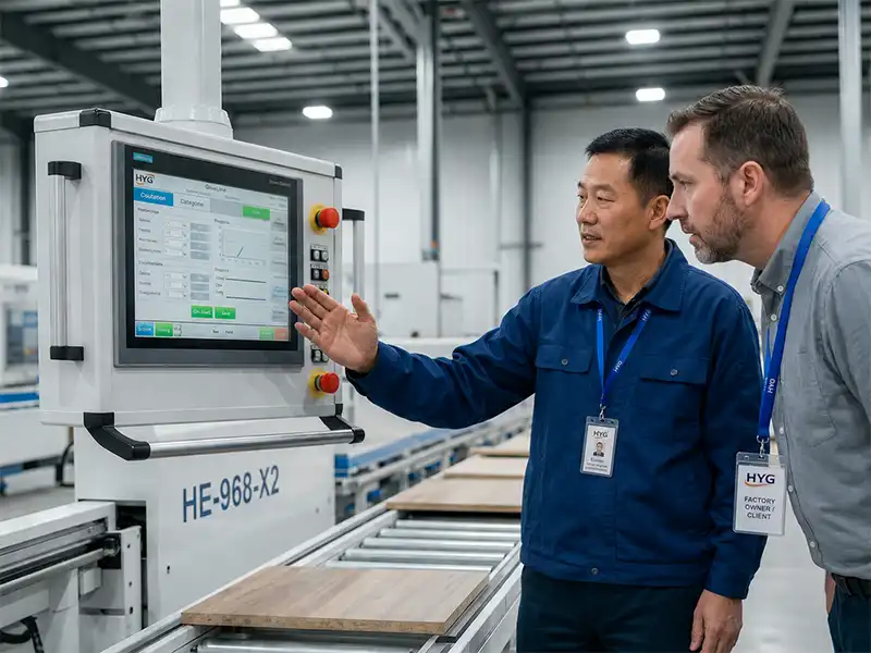 HYG TECH high-output woodworking machinery fleet showcasing interconnected industrial CNC nesting centers, heavy-duty automatic edge banders, and high-speed CNC drilling units.