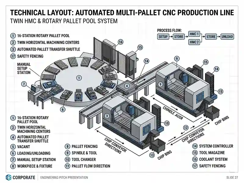 Technical 3D isometric engineering layout blueprint of an automated multi-pallet CNC machining production line showcasing interconnected 5-axis machining centers, linear pallet storage pools, and autonomous RGV routing.